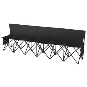 portable folding bench, 6 seat foldable soccer bench with side pockets and carrying bag, lightweight sideline seating with back rest for football, baseball, camping, outdoor events, black