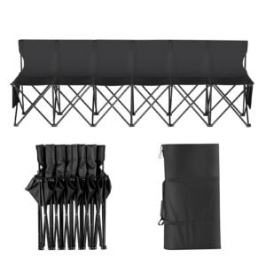 Portable Folding Bench, 6 Seat Foldable Soccer Bench with Side Pockets and Carrying Bag, Lightweight Sideline Seating with Back Rest for Football, Baseball, Camping, Outdoor Events, Black