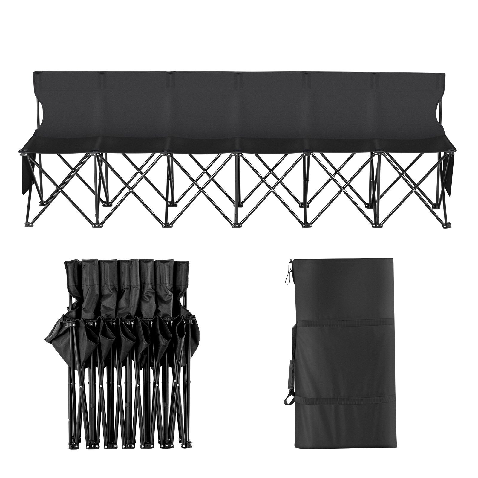 portable folding bench, 6 seat foldable soccer bench with side pockets and carrying bag, lightweight sideline seating with back rest for football, baseball, camping, outdoor events, black