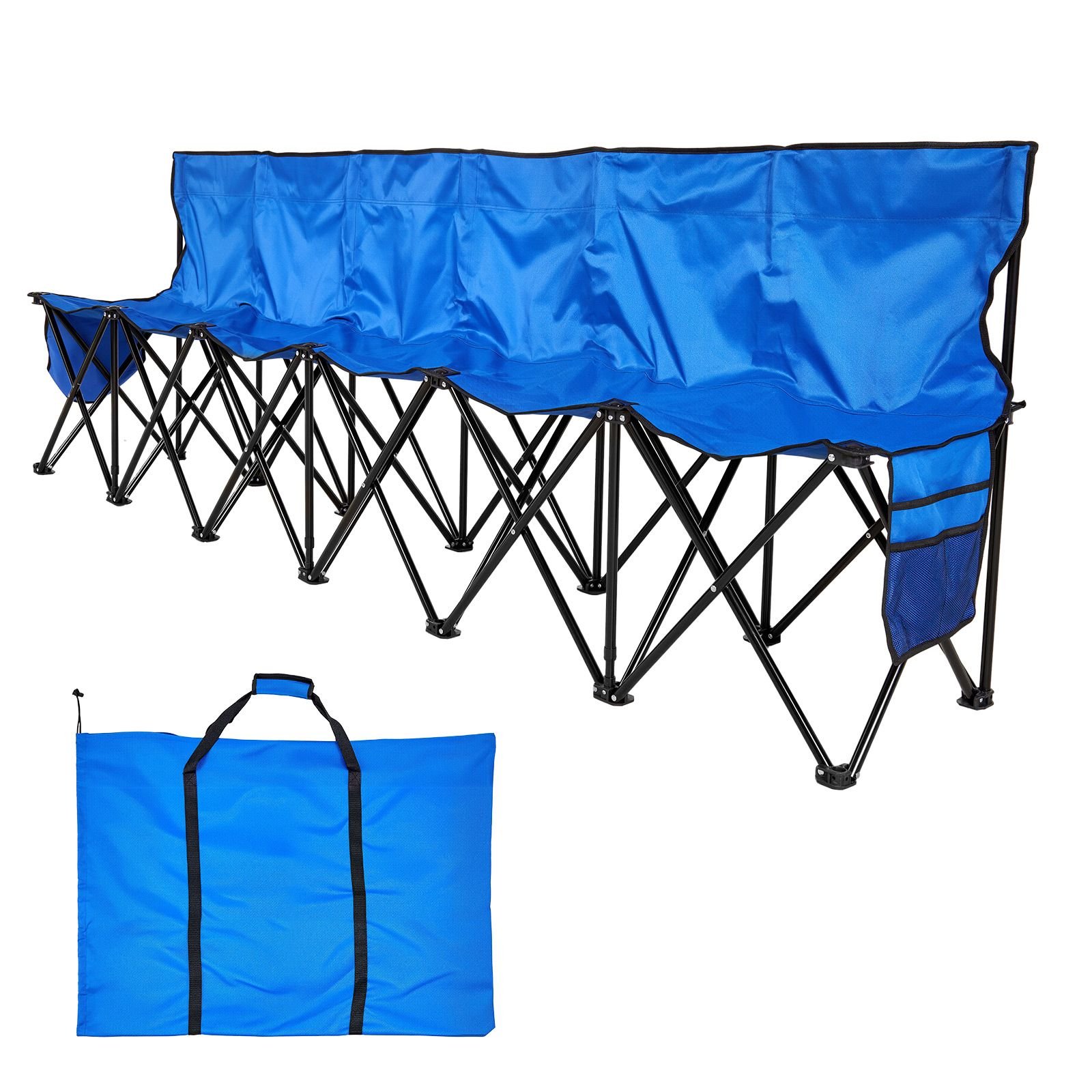 portable folding bench, 6 seat foldable soccer bench with side pockets and carrying bag, lightweight sideline seating with back rest for football, baseball, camping, outdoor events, blue
