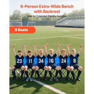 portable folding bench, 6 seat foldable soccer bench with side pockets and carrying bag, lightweight sideline seating with back rest for football, baseball, camping, outdoor events, blue