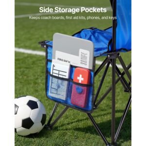 portable folding bench, 6 seat foldable soccer bench with side pockets and carrying bag, lightweight sideline seating with back rest for football, baseball, camping, outdoor events, blue