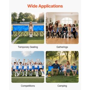 portable folding bench, 6 seat foldable soccer bench with side pockets and carrying bag, lightweight sideline seating with back rest for football, baseball, camping, outdoor events, blue