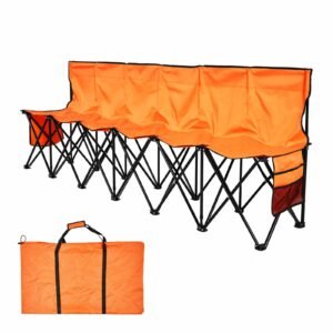 Portable Folding Bench, 6 Seat Foldable Soccer Bench with Side Pockets and Carrying Bag, Lightweight Sideline Seating with Back Rest for Football, Baseball, Camping, Outdoor Events, Orange