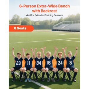 portable folding bench, 6 seat foldable soccer bench with side pockets and carrying bag, lightweight sideline seating with back rest for football, baseball, camping, outdoor events, orange