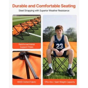 portable folding bench, 6 seat foldable soccer bench with side pockets and carrying bag, lightweight sideline seating with back rest for football, baseball, camping, outdoor events, orange