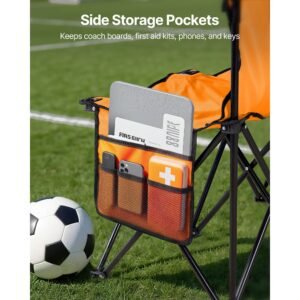 portable folding bench, 6 seat foldable soccer bench with side pockets and carrying bag, lightweight sideline seating with back rest for football, baseball, camping, outdoor events, orange