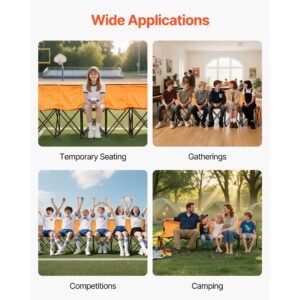 portable folding bench, 6 seat foldable soccer bench with side pockets and carrying bag, lightweight sideline seating with back rest for football, baseball, camping, outdoor events, orange