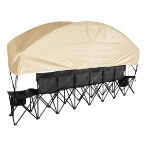 portable folding bench, 6 seat soccer bench with storage pockets cup holders & carrying bag, lightweight sideline seating with sunshade for football, baseball, camping, outdoor events, black