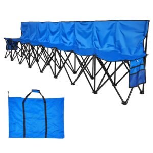 Portable Folding Bench, 8 Seat Foldable Soccer Bench with Side Pockets and Carrying Bag, Lightweight Sideline Seating with Back Rest for Football, Baseball, Camping, Outdoor Events, Blue