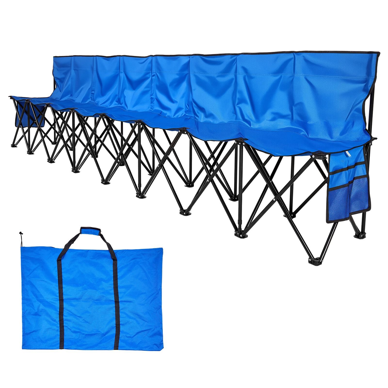 portable folding bench, 8 seat foldable soccer bench with side pockets and carrying bag, lightweight sideline seating with back rest for football, baseball, camping, outdoor events, blue