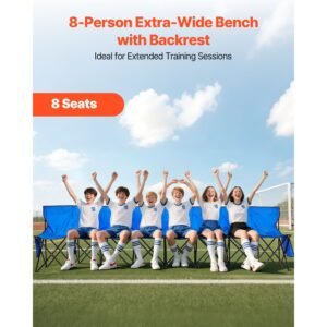 portable folding bench, 8 seat foldable soccer bench with side pockets and carrying bag, lightweight sideline seating with back rest for football, baseball, camping, outdoor events, blue