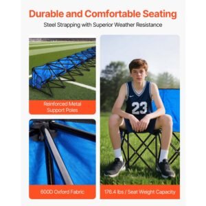 portable folding bench, 8 seat foldable soccer bench with side pockets and carrying bag, lightweight sideline seating with back rest for football, baseball, camping, outdoor events, blue