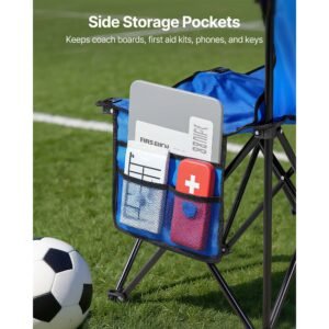 portable folding bench, 8 seat foldable soccer bench with side pockets and carrying bag, lightweight sideline seating with back rest for football, baseball, camping, outdoor events, blue