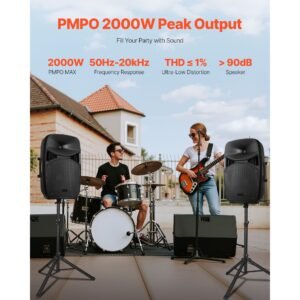 portable pa system, 2000w (pmpo) powered, sound system set with 3 channel mixer, dual speakers, wireless bluetooth, microphone, compact stands, usb & sd inputs, remote control, for djs events