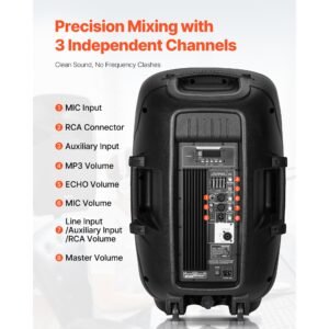 portable pa system, 2000w (pmpo) powered, sound system set with 3 channel mixer, dual speakers, wireless bluetooth, microphone, compact stands, usb & sd inputs, remote control, for djs events