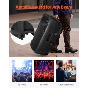 portable pa system, 2000w (pmpo) powered, sound system set with 3 channel mixer, dual speakers, wireless bluetooth, microphone, compact stands, usb & sd inputs, remote control, for djs events