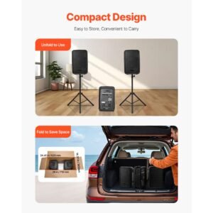 portable pa system, 300w powered, sound system set with 8 channel mixer, dual speakers, wireless bluetooth, microphone, compact stands, usb sd xlr rca inputs, remote control, for djs events