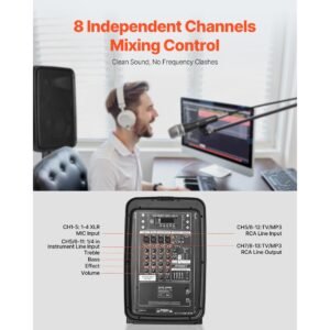 portable pa system, 300w powered, sound system set with 8 channel mixer, dual speakers, wireless bluetooth, microphone, compact stands, usb sd xlr rca inputs, remote control, for djs events