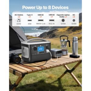 portable power station, 600w solar generator power station, 493wh lifepo4 battery backup with 8 output ports for home emergency, outdoor camping, rv travel (solar panel not included)