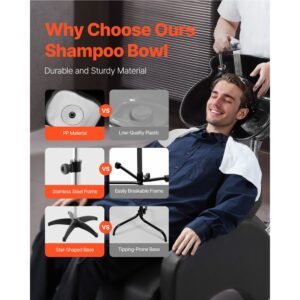 Portable Shampoo Bowl, Deep Shampoo Sink with Adjustable Height & Angle, Includes Drain Hose, Shower Head, Lightweight Hair Wash Basin for Barber Salon Spa Center & Home Use, Black