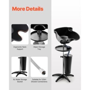 portable shampoo bowl, deep shampoo sink with adjustable height & angle, washing hair station includes drain hose, shower head and bucket, salon sink for home & barber use, black