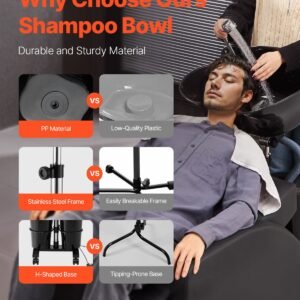 portable shampoo bowl, shampoo sink for washing hair with electric pump, includes 2 buckets 2 showerheads, drain hose, height and angle adjustable portable wash bowl for home salon use, black
