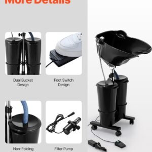 portable shampoo bowl, shampoo sink for washing hair with electric pump, includes 2 buckets 2 showerheads, drain hose, height and angle adjustable portable wash bowl for home salon use, black
