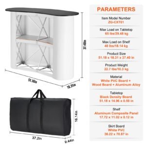 portable tradeshow podium table, 51.18" x 18.31" x 37.4", display exhibition counter stand booth fair with wall, foldable promotion retail bar table pop up podium with storage rack, carrying bag