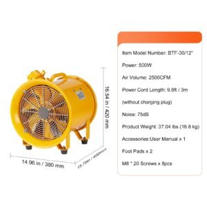 portable ventilator, 12" heavy duty cylinder fan, 550w strong shop exhaust fan 2500cfm, 9.8ft power cord (no charging head), industrial utility blower for sucking dust, smoke home/workplace