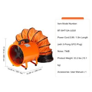 portable ventilator, 12 inch heavy duty cylinder fan with 16.4ft duct hose, 585w strong shop exhaust blower 3198cfm, industrial utility blower for sucking dust, smoke, smoke home/workplace
