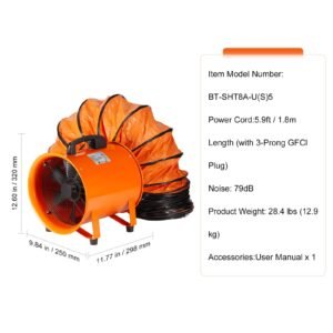 portable ventilator, 8 inch heavy duty cylinder fan with 16.4ft duct hose, 195w strong shop exhaust blower 1070cfm, industrial utility blower for sucking dust, smoke, smoke home/workplace