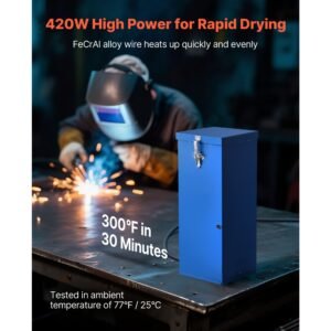 portable welding rod oven, 50lbs capacity electrodes drying oven 420w 120v, 300 fahrenheit fast heating welding rods dryer for 18 inch stick electrodes with safety locking latch