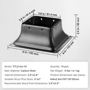 post base 4x4 10pcs, internal 3.6"x3.6" heavy duty powder coated steel post bracket fit for standard wood post anchor, decking post base for deck porch handrail railing support