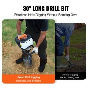post hole digger gas powered, 52cc 1450w earth auger, gas auger with 8' auger drill action design bits & 1 extension rod, post fence hole digger for farmland garden plant, orange+black