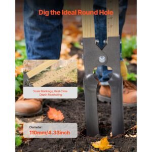 post hole digger, heavy duty post hole digger with wood handle, manual hole digger with scale markings and metal blade, post hole digger tool for digging yard work gardening outdoors, 57.5 inch