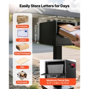 post mount mailbox, anti pry & anti theft mailboxes for outside, heavy duty lockable mail box with magnetic door, weather resistant metal post box for house outside 21.06 x 10.63 x 11.22 in