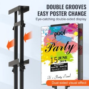 poster stand, adjustable height up to 75", double sided heavy duty pedestal sign holder, floor standing sign holder banner stand with shock absorbing base for display, for board and foam, black