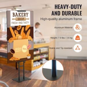poster stand, adjustable height up to 75", double sided heavy duty pedestal sign holder, floor standing sign holder banner stand with shock absorbing base for display, for board and foam, black