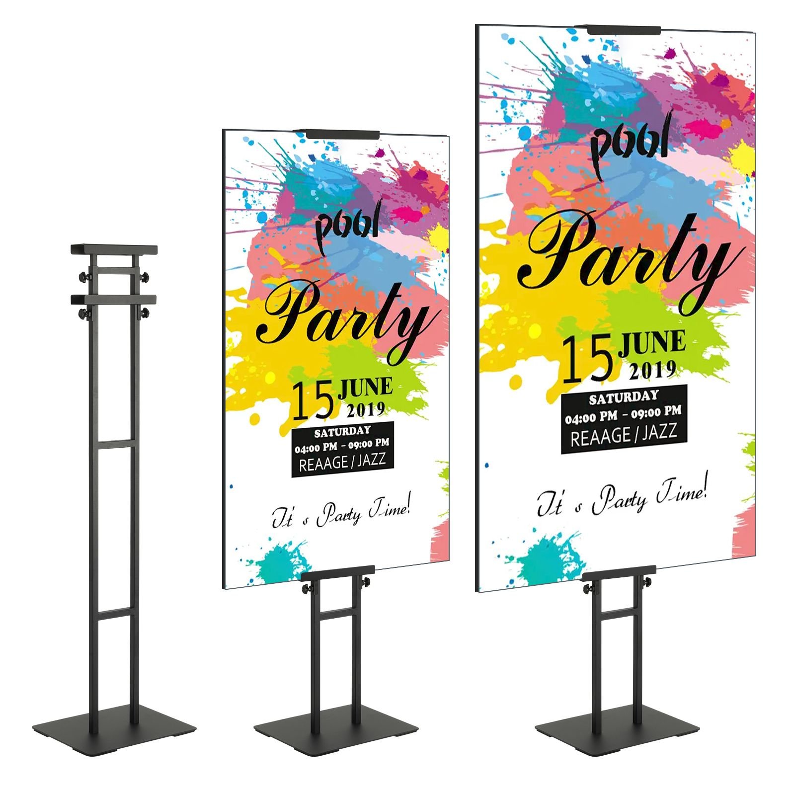poster stand, adjustable height up to 75", double sided heavy duty pedestal sign holder, floor standing sign holder banner stand with shock absorbing base for display, for board and foam, black