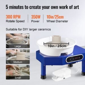 pottery wheel, 10in ceramic wheel forming machine, foot pedal abs detachable basin, 60 300rpm adjustable speed manual lcd panel, sculpting tool apron accessory kit for work art craft diy