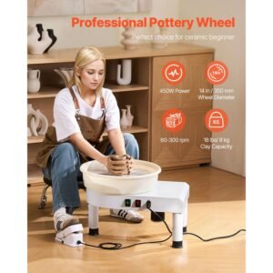 pottery wheel, 14 in ceramic wheel forming machine, 60 300 rpm adjustable speed with foot pedal control, detachable basin, adjustable lift leg, complete accessories for home pottery, diy, white