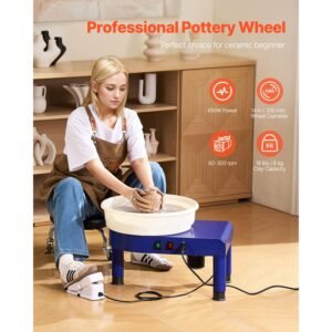pottery wheel, 14 in ceramic wheel forming machine, 60 300 rpm speed adjustable foot pedal, adjustable lift leg, detachable basin, complete tool accessory kit for work art craft diy, blue