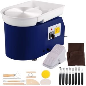pottery wheel 28cm pottery forming machine with detachable basin foot pedal control 350w art craft diy clay tool for art craft work and home diy blue, 18 piece