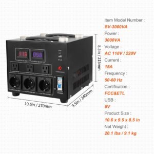 power converter, 3000w, durable step up/down unit, switches between 110v and 220v, includes us and eu outlets plus 5v usb, ce approved