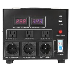 power converter, 3000w, durable step up/down unit, switches between 110v and 220v, includes us and eu outlets plus 5v usb, ce approved