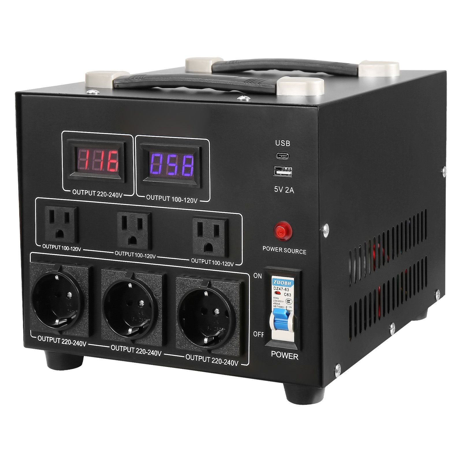 power converter, 3000w, durable step up/down unit, switches between 110v and 220v, includes us and eu outlets plus 5v usb, ce approved