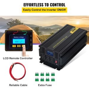 power inverter, 2000w modified sine wave inverter, dc 12v to ac 120v car converter, with lcd display, remote controller, led indicator, ac outlets inverter for truck rv car boat travel camping
