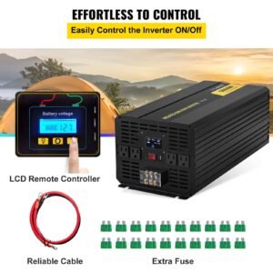 power inverter, 5000w modified sine wave inverter, dc 12v to ac 120v car converter, with lcd remote controller, led indicator, ac outlets inverter for truck rv car boat travel camping emergency