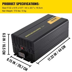 power inverter, 5000w modified sine wave inverter, dc 12v to ac 120v car converter, with lcd remote controller, led indicator, ac outlets inverter for truck rv car boat travel camping emergency
